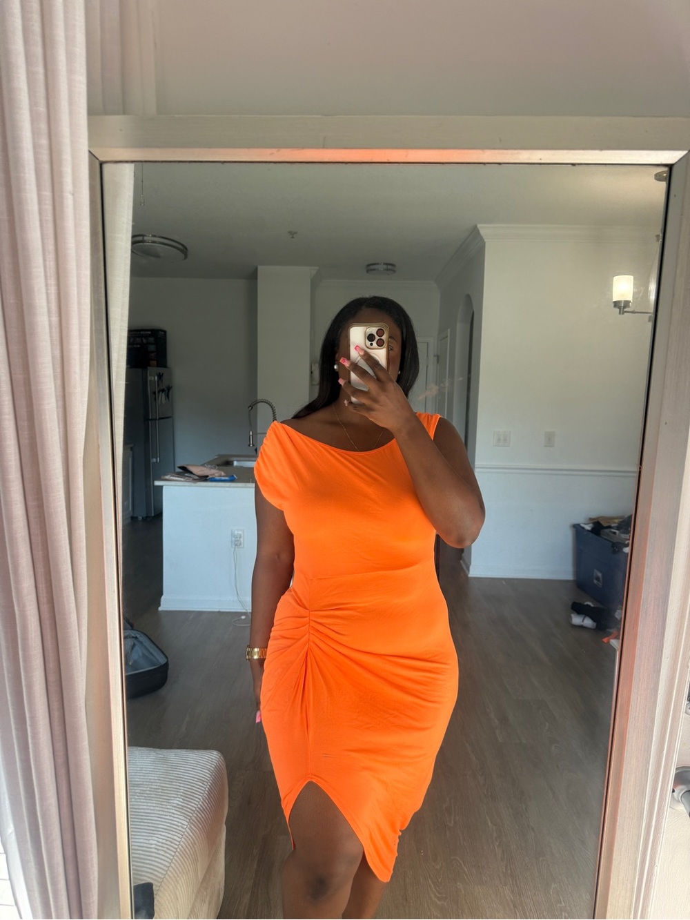 One-Shoulder Orange Ruched Bodycon Dress